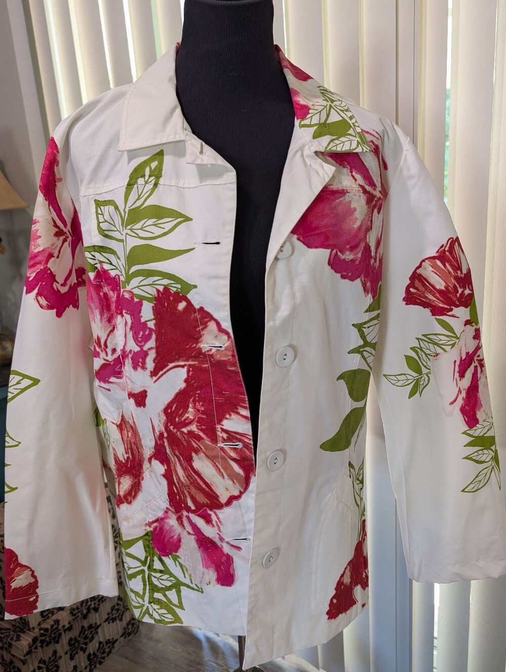 Chico's White and Pink Floral Button Down Jacket